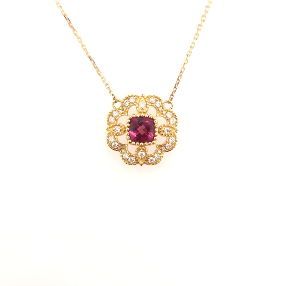 18K Gold Garnet with 0.344ct diamond Necklace