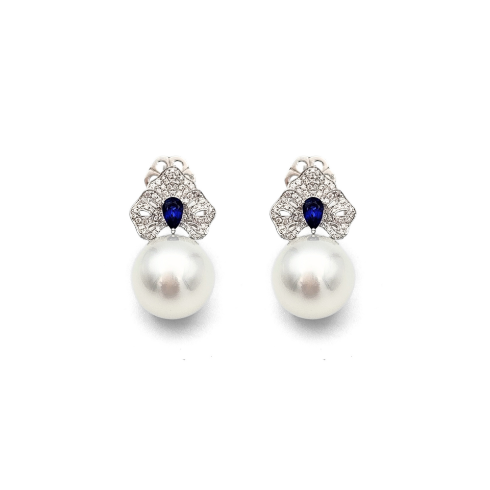 18K White Gold South Sea Pearl Earrings with Sapphire