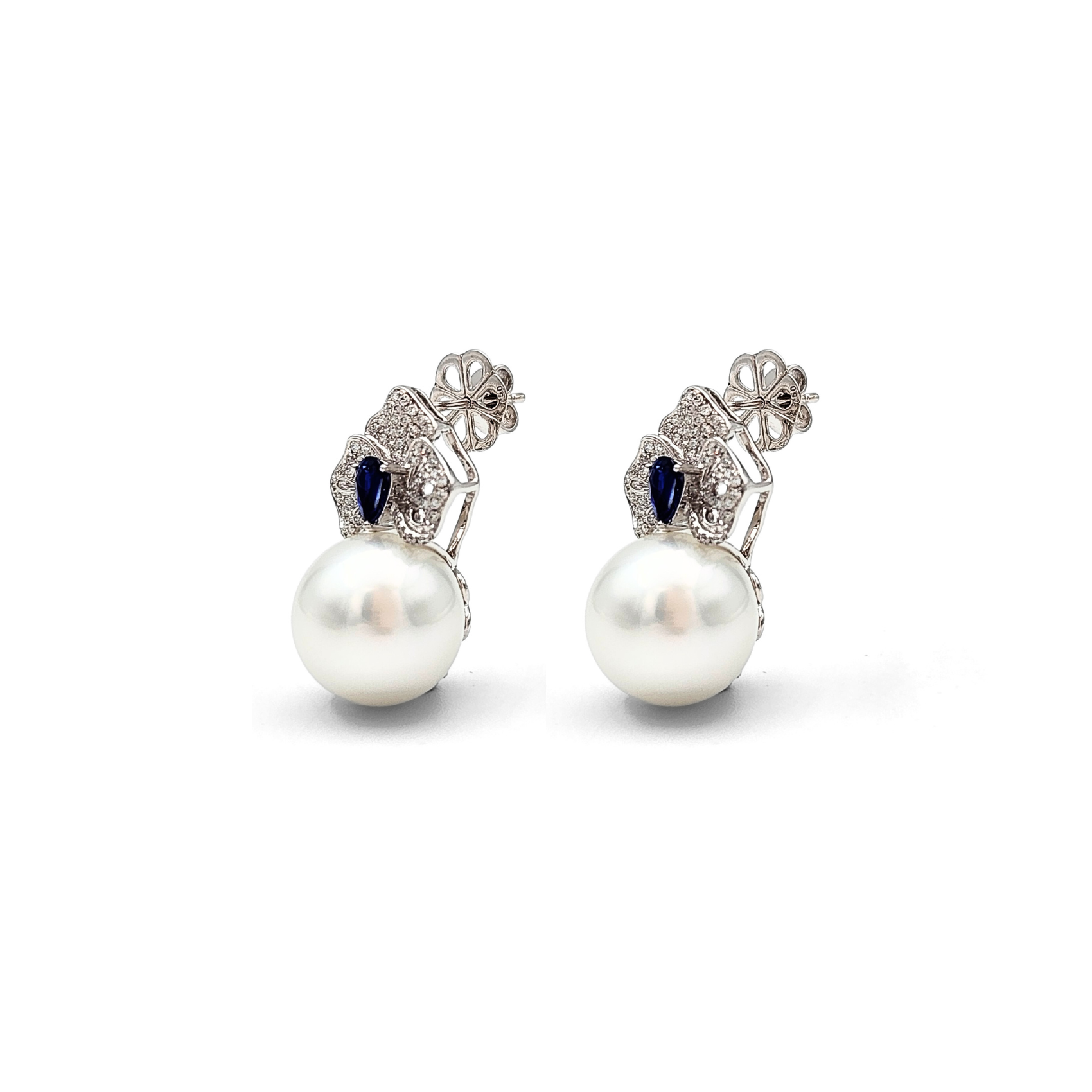 18K White Gold South Sea Pearl Earrings with Sapphire