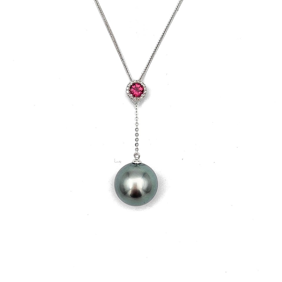 18K White Gold Tahitian Pearl Necklace with Ruby