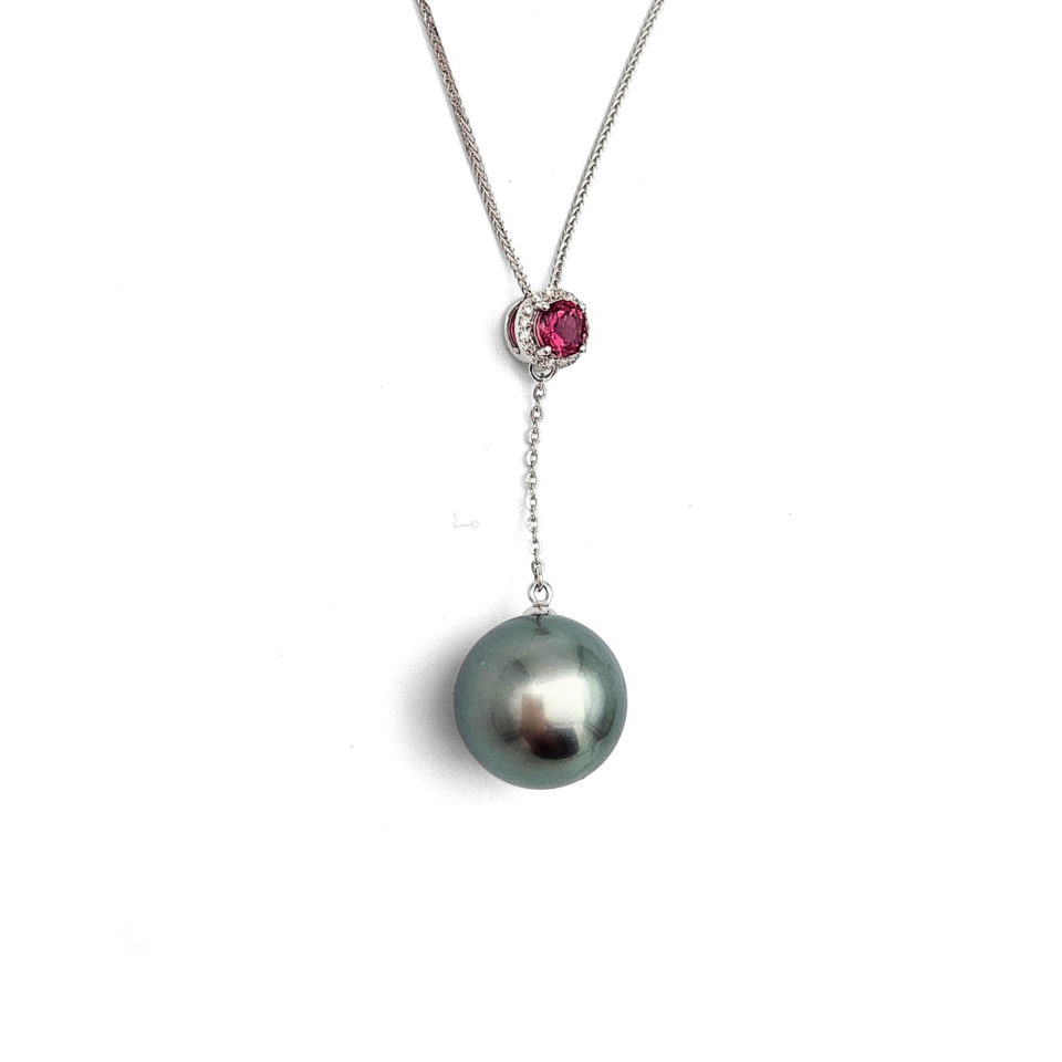 18K White Gold Tahitian Pearl Necklace with Ruby