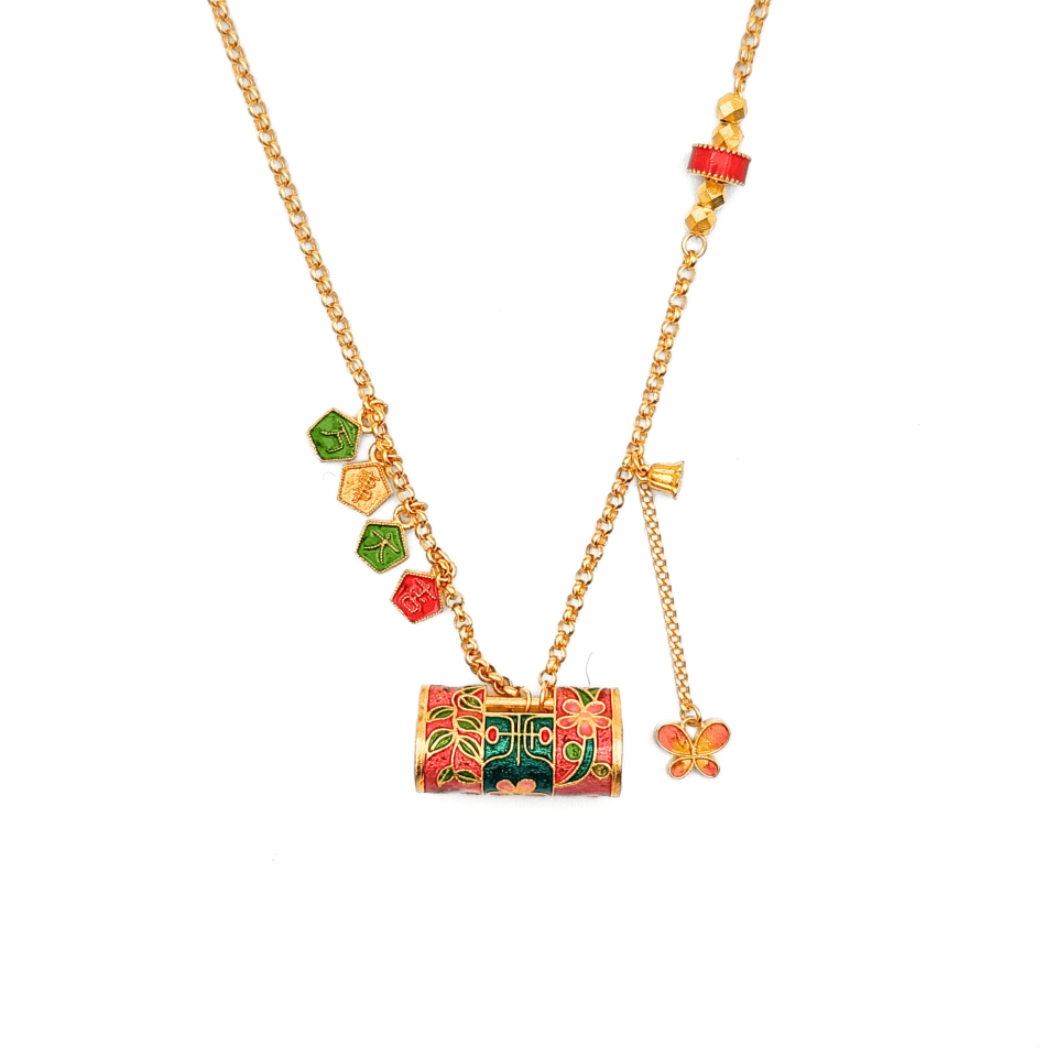 24K Gold Enamel Design Lock Charm Necklace
